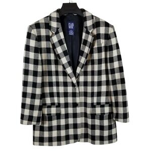 GAP Womens Wool Blend Buffalo Plaid Blazer Jacket Black White Size M 99317-4600
